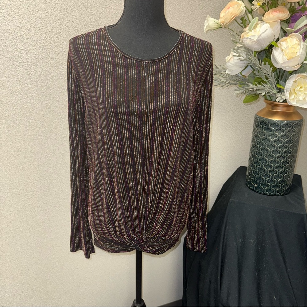 Heart & Hips XL Shimmer Stripe Twist Front Long Sleeve Party Top
